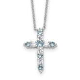 SSRhodium-Rhodium-Plated Lt Blue CZ March Birthstone Cross With 2 Inch Extention Necklace